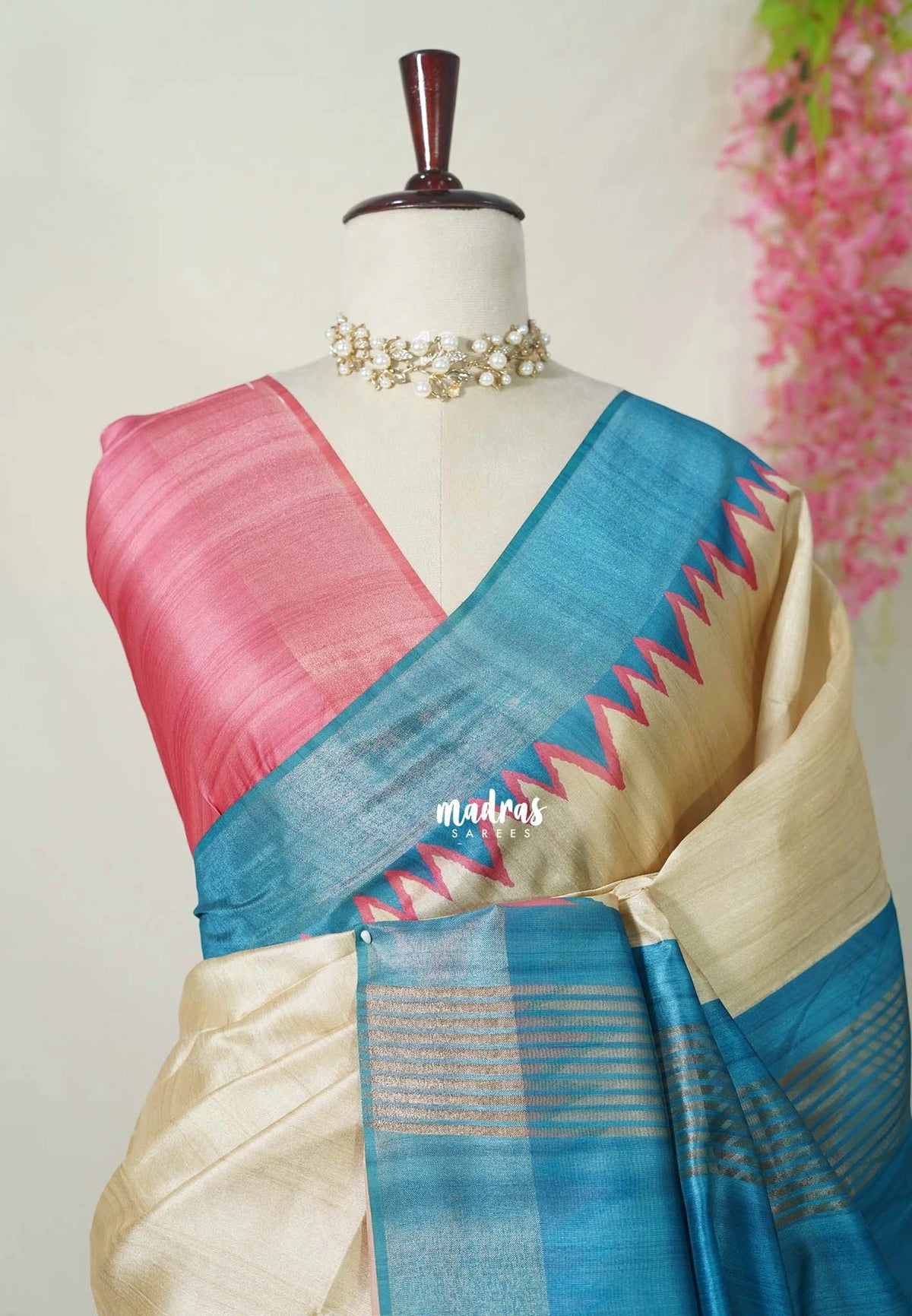 Sandal Ivory with Pink - Roopa - Premium Chappa semi Tussar with Ganga Jamuna Border - Perfect for Small Functions