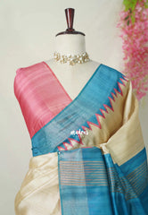 Sandal Ivory with Pink - Roopa - Premium Chappa semi Tussar with Ganga Jamuna Border - Perfect for Small Functions