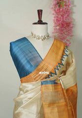 Sandal Ivory with Teal Blue - Roopa - Premium Chappa semi Tussar with Ganga Jamuna Border - Perfect for Small Functions