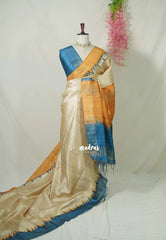 Sandal Ivory with Teal Blue - Roopa - Premium Chappa semi Tussar with Ganga Jamuna Border - Perfect for Small Functions