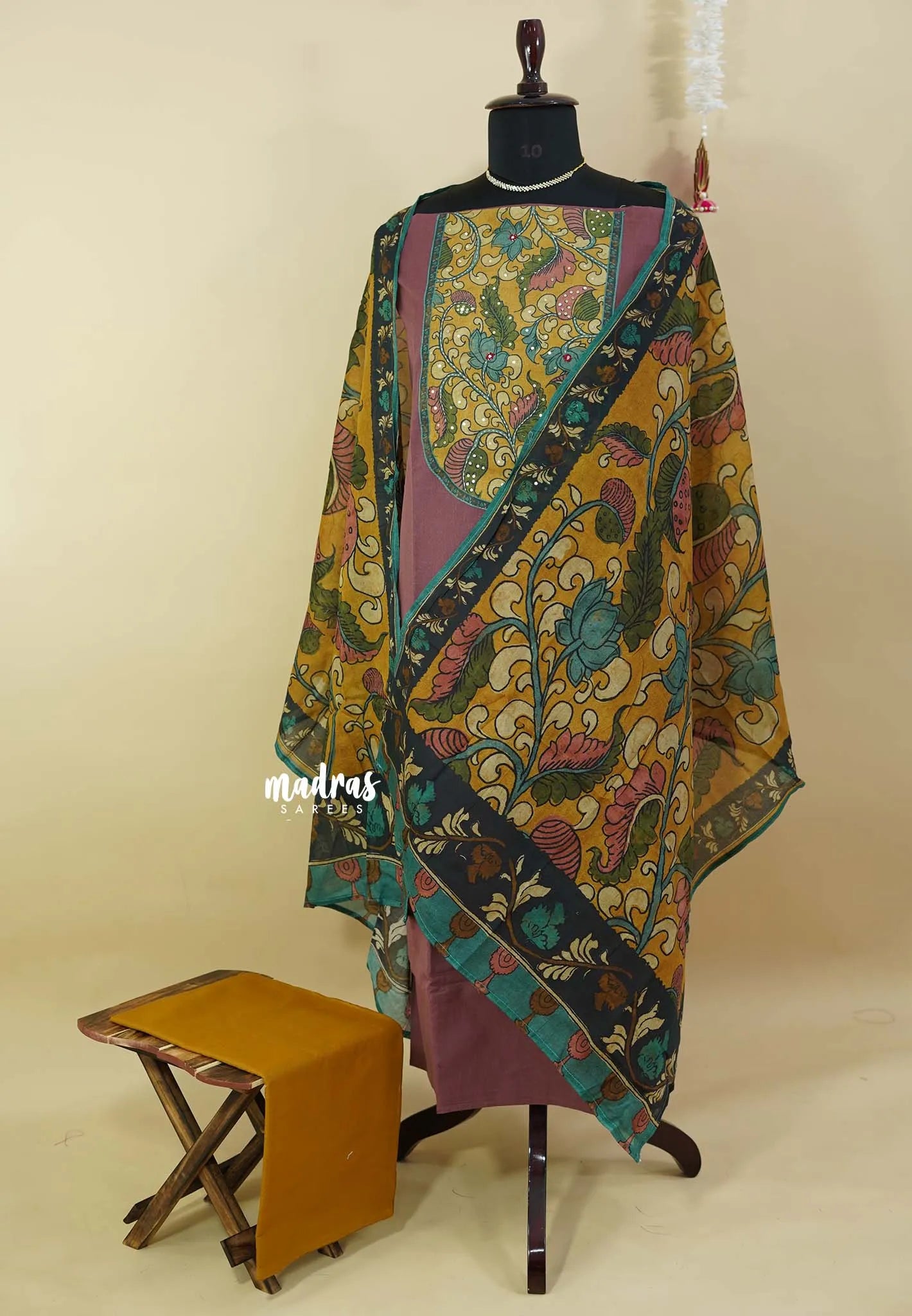 Amitha – Rosewood Mauve Premium cotton kalamkari hand stitched yoke and chanderi cotton dupatta