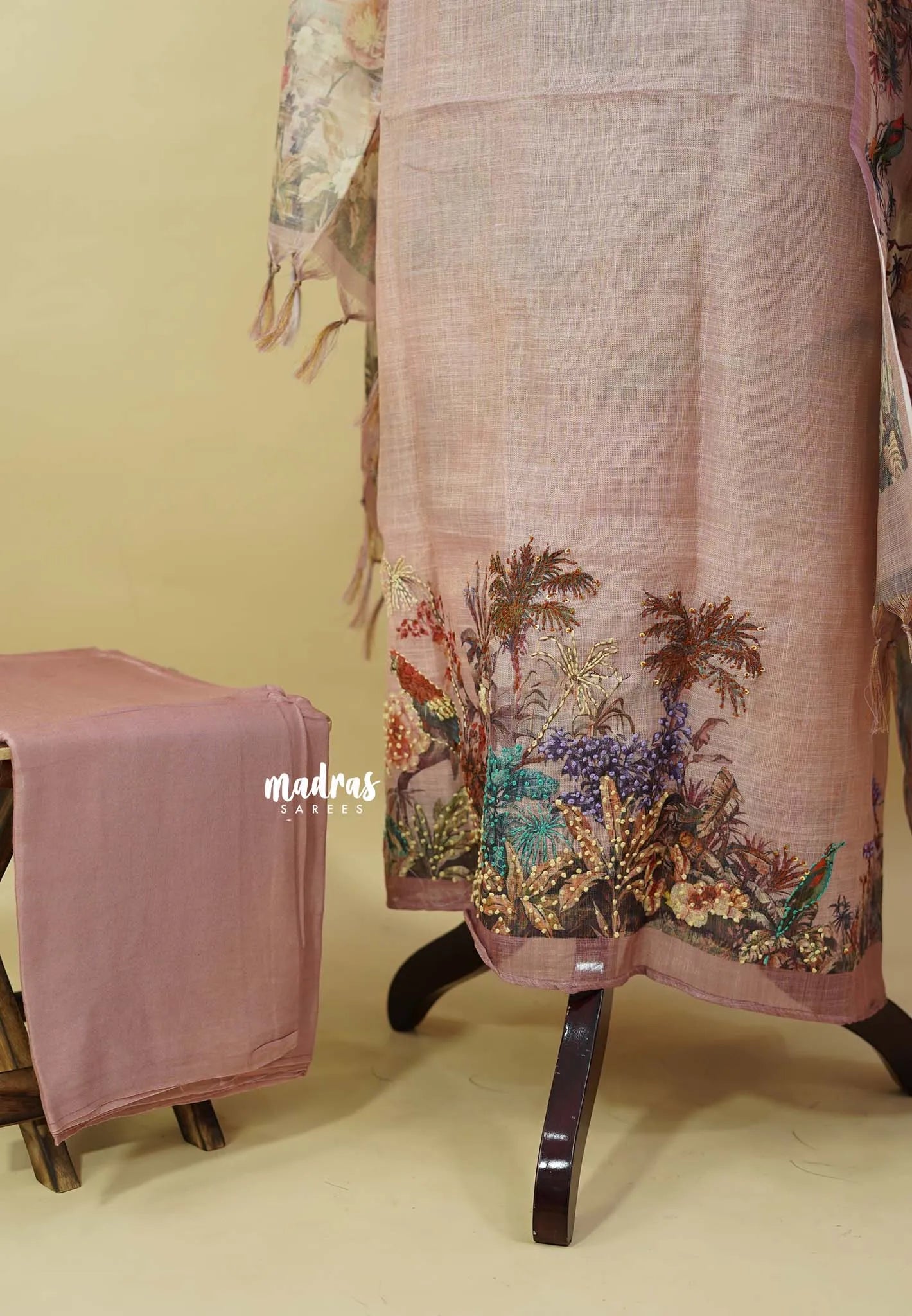 Amitha – Pastel Rosewood Premium linen  Salwar Suit with Nature inspired Digital Prints + Hand-Stitched Embroidery