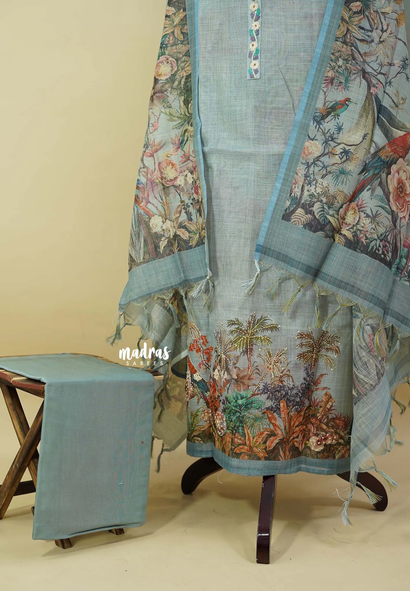 Amitha – Misty Aqua Premium linen  Salwar Suit with Nature inspired Digital Prints + Hand-Stitched Embroidery