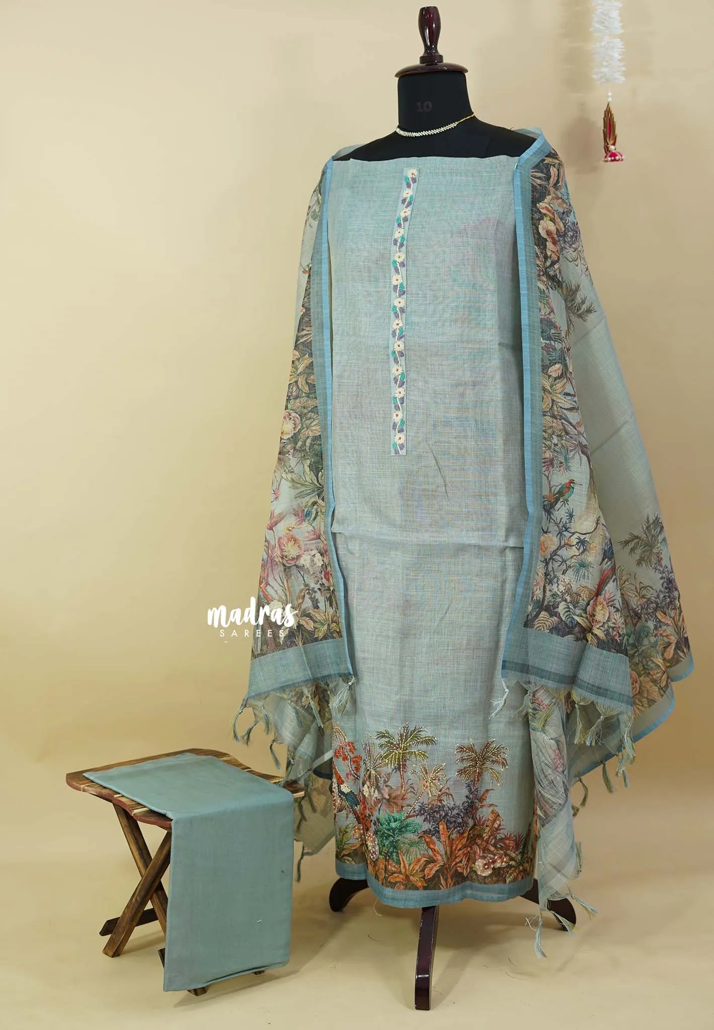 Amitha – Misty Aqua Premium linen  Salwar Suit with Nature inspired Digital Prints + Hand-Stitched Embroidery