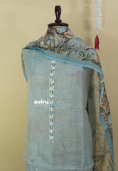Amitha – Misty Aqua Premium linen  Salwar Suit with Nature inspired Digital Prints + Hand-Stitched Embroidery