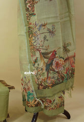 Amitha – Sage Green Premium linen  Salwar Suit with Nature inspired Digital Prints + Hand-Stitched Embroidery