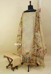 Amitha – Sandstone Beige Premium linen  Salwar Suit with Nature inspired Digital Prints + Hand-Stitched Embroidery