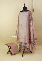 Amitha – Pastel Rosewood Premium linen  Salwar Suit with Nature inspired Digital Prints + Hand-Stitched Embroidery