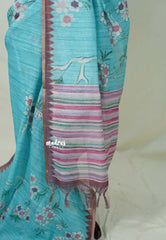 Turquoise Blue - Premium Linen Cotton with Jute Blend Saree Grooves with Floral Prints - Best for Office Wear | Casual Wear