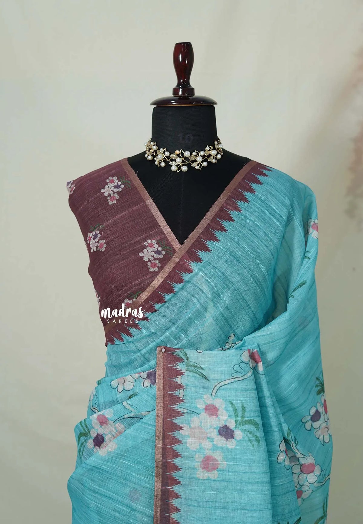 Turquoise Blue - Premium Linen Cotton with Jute Blend Saree Grooves with Floral Prints - Best for Office Wear | Casual Wear