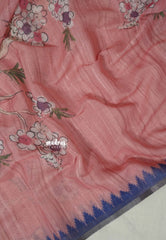 Pastel Peach Red - Premium Linen Cotton with Jute Blend Saree Grooves with Floral Prints - Best for Office Wear | Casual Wear