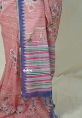 Pastel Peach Red - Premium Linen Cotton with Jute Blend Saree Grooves with Floral Prints - Best for Office Wear | Casual Wear