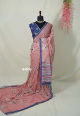 Pastel Peach Red - Premium Linen Cotton with Jute Blend Saree Grooves with Floral Prints - Best for Office Wear | Casual Wear