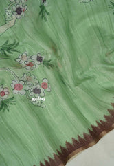 Pista Green - Premium Linen Cotton with Jute Blend Saree Grooves with Floral Prints - Best for Office Wear | Casual Wear