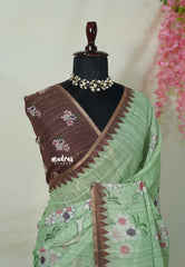 Pista Green - Premium Linen Cotton with Jute Blend Saree Grooves with Floral Prints - Best for Office Wear | Casual Wear