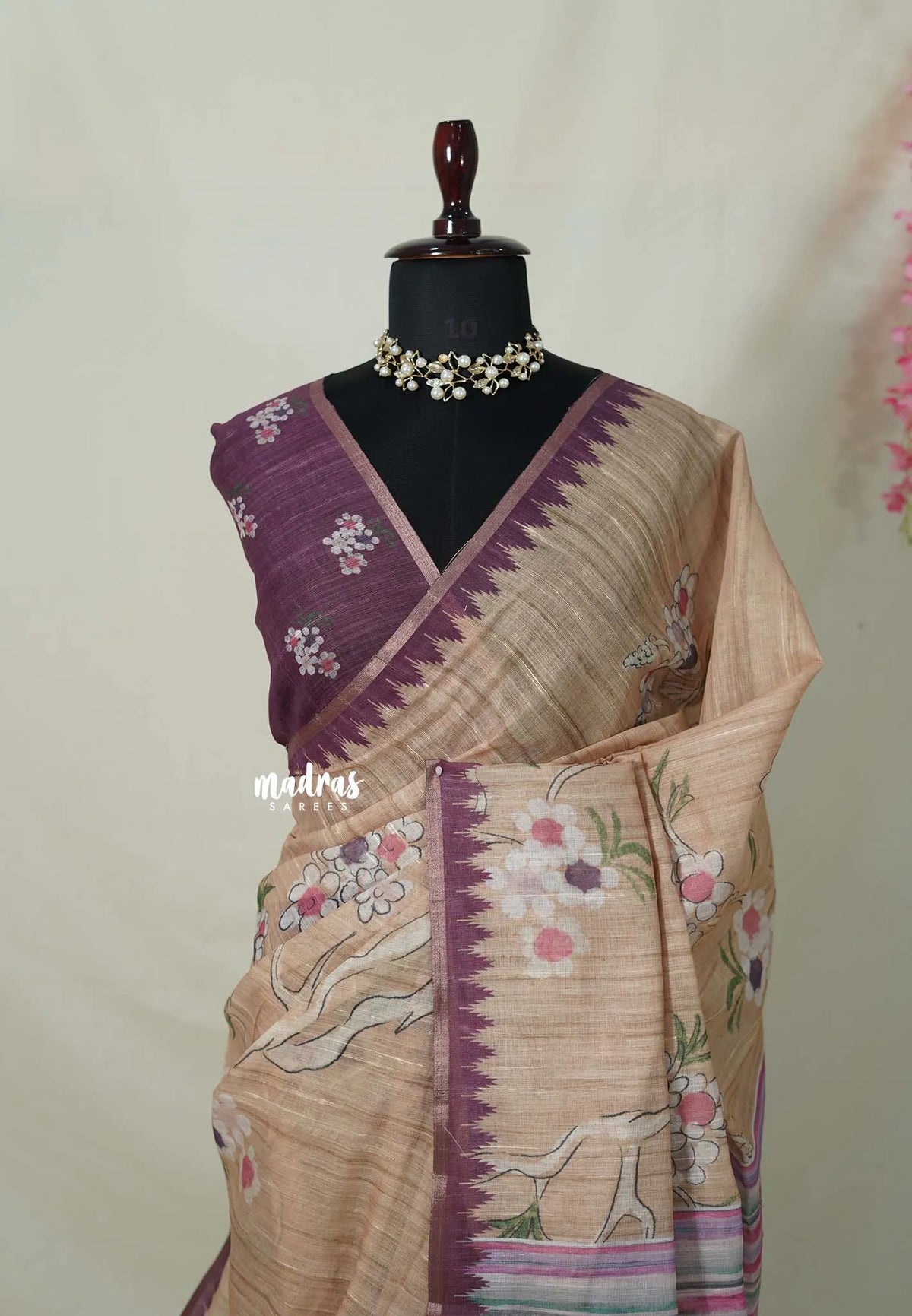 Powder Peach - Premium Linen Cotton with Jute Blend Saree Grooves with Floral Prints - Best for Office Wear | Casual Wear