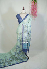 Mint Green - Premium Linen Cotton with Jute Blend Saree Raising Floral Prints - Best for Office Wear | Casual Wear