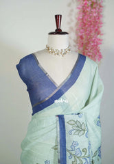 Mint Green - Premium Linen Cotton with Jute Blend Saree Raising Floral Prints - Best for Office Wear | Casual Wear