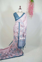 Tinted Rosewood - Premium Linen Cotton with Jute Blend Saree Raising Floral Prints - Best for Office Wear | Casual Wear