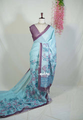 Creamy Turquoise Blue - Premium Linen Cotton with Jute Blend Saree Raising Floral Prints - Best for Office Wear | Casual Wear