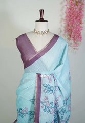 Creamy Turquoise Blue - Premium Linen Cotton with Jute Blend Saree Raising Floral Prints - Best for Office Wear | Casual Wear