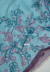 Creamy Turquoise Blue - Premium Linen Cotton with Jute Blend Saree Raising Floral Prints - Best for Office Wear | Casual Wear