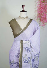 Pastel Purple - Premium Linen Cotton with Jute Blend Saree Raising Floral Prints - Best for Office Wear | Casual Wear