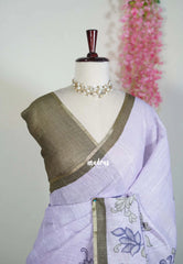 Pastel Purple - Premium Linen Cotton with Jute Blend Saree Raising Floral Prints - Best for Office Wear | Casual Wear