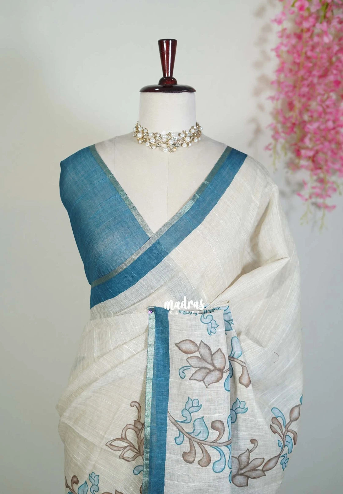 Creamy Ivory Beige - Premium Linen Cotton with Jute Blend Saree Raising Floral Prints - Best for Office Wear | Casual Wear