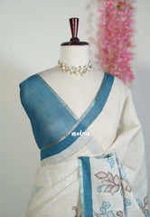Creamy Ivory Beige - Premium Linen Cotton with Jute Blend Saree Raising Floral Prints - Best for Office Wear | Casual Wear