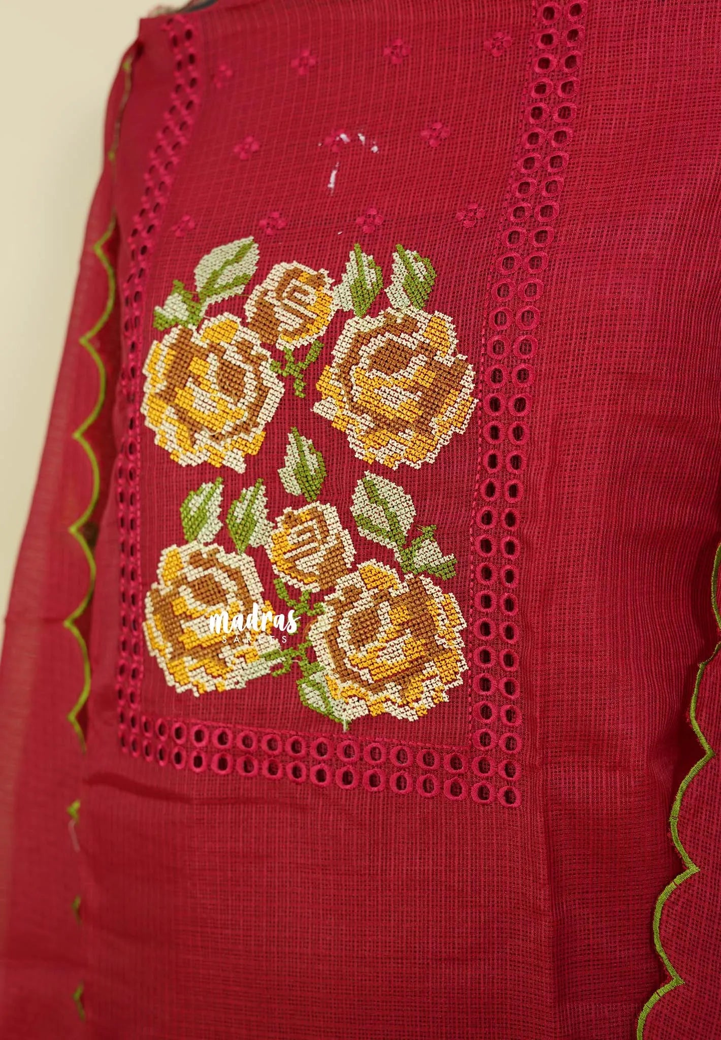 Amitha – Deep Maroon Red Premium kota silk salwar suit Kutchi-style cross-stitch yoke embroidery and scallop work duppatta