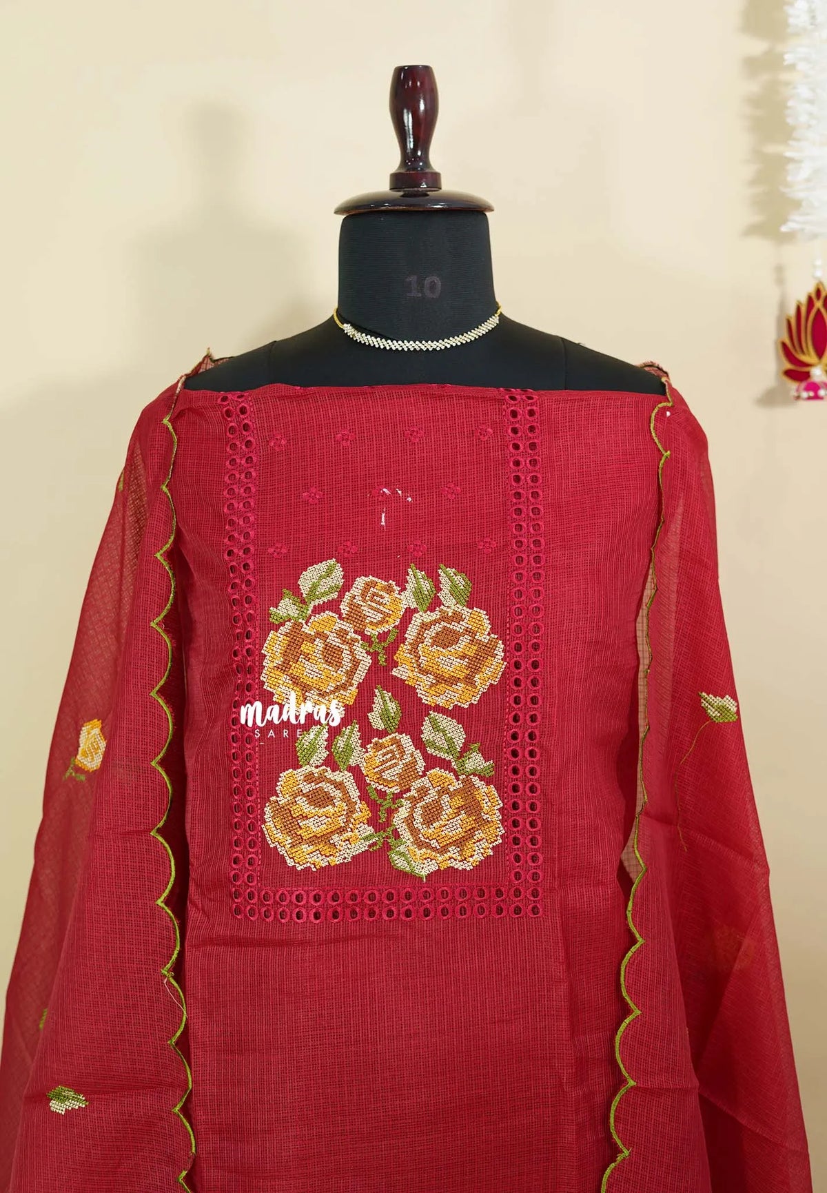 Amitha – Deep Maroon Red Premium kota silk salwar suit Kutchi-style cross-stitch yoke embroidery and scallop work duppatta