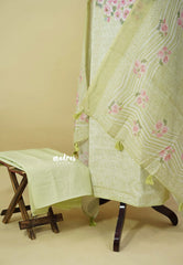 Amitha – Pastel Green Premium linen Salwar Suit with Floral Digital Prints with Mirror work + Hand-Stitched Embroidery