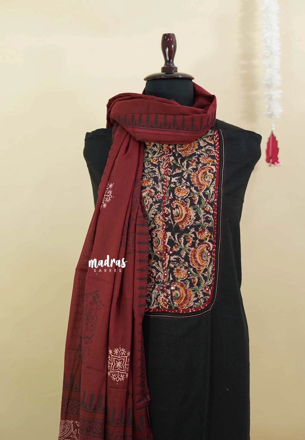 Amitha – Black Premium pre-washed handspun cotton  kalamkari yoke cotton suit