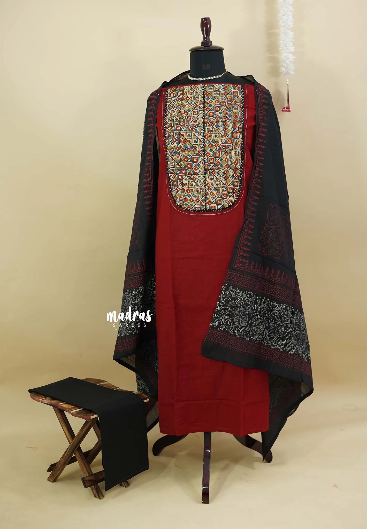 Amitha – Rusk Maroon Premium pre-washed handspun cotton  kalamkari yoke cotton suit