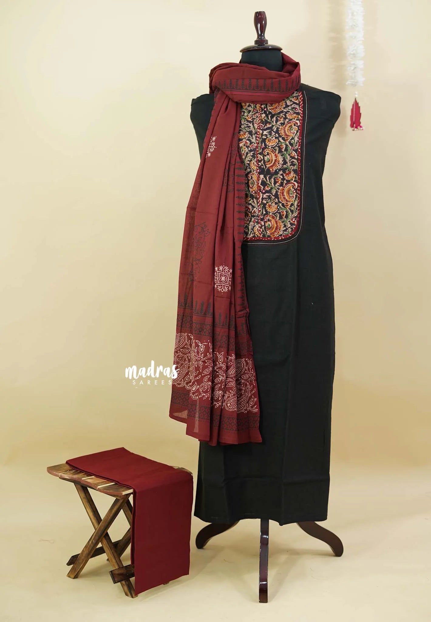 Amitha – Black Premium pre-washed handspun cotton  kalamkari yoke cotton suit