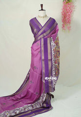 Lilac Pink - Premium Printed Silk with Rettapet Big Floral Border - Best for Small Funtions