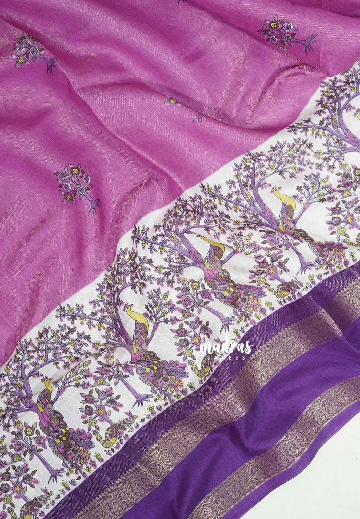 Lilac Pink - Premium Printed Silk with Rettapet Big Floral Border - Best for Small Funtions