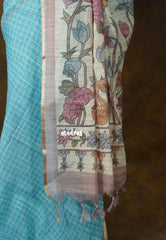 Sky Blue - Premium Linen Cotton with Jute Blend Saree Checks with Floral Pallu - Best for Office Wear | Casual Wear