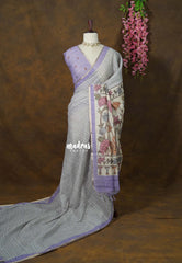 Coin Grey - Premium Linen Cotton with Jute Blend Saree Checks with Floral Pallu - Best for Office Wear | Casual Wear