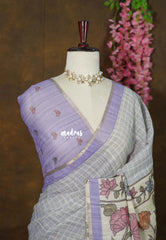 Coin Grey - Premium Linen Cotton with Jute Blend Saree Checks with Floral Pallu - Best for Office Wear | Casual Wear