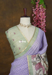 Lavender Purple - Premium Linen Cotton with Jute Blend Saree Checks with Floral Pallu - Best for Office Wear | Casual Wear