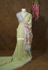 Mint Green - Premium Linen Cotton with Jute Blend Saree Checks with Floral Pallu - Best for Office Wear | Casual Wear