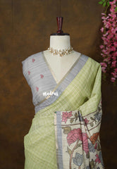 Mint Green - Premium Linen Cotton with Jute Blend Saree Checks with Floral Pallu - Best for Office Wear | Casual Wear