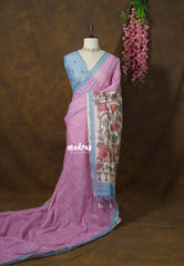 Lilac Pink - Premium Linen Cotton with Jute Blend Saree Checks with Floral Pallu - Best for Office Wear | Casual Wear