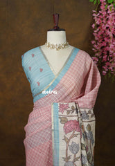 Tinted Rosewood - Premium Linen Cotton with Jute Blend Saree Checks with Floral Pallu - Best for Office Wear | Casual Wear