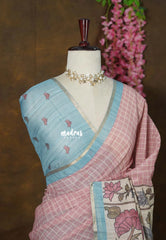 Tinted Rosewood - Premium Linen Cotton with Jute Blend Saree Checks with Floral Pallu - Best for Office Wear | Casual Wear