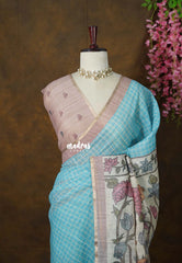 Sky Blue - Premium Linen Cotton with Jute Blend Saree Checks with Floral Pallu - Best for Office Wear | Casual Wear