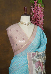 Sky Blue - Premium Linen Cotton with Jute Blend Saree Checks with Floral Pallu - Best for Office Wear | Casual Wear
