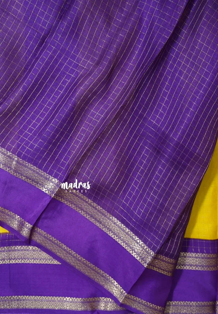 Turmeric Yellow - Premium vasundra printed silk checks body with rettapet border
